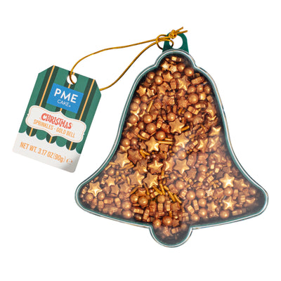 Mélange de vermicelles dorés PME Cloche Dorée dans une boîte décorative en forme de cloche verte – 90g