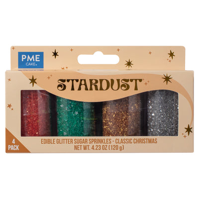 Coffret PME Stardust Noël – 4 paillettes comestibles rouge, vert, or et argent pour gâteaux, cupcakes et desserts festifs