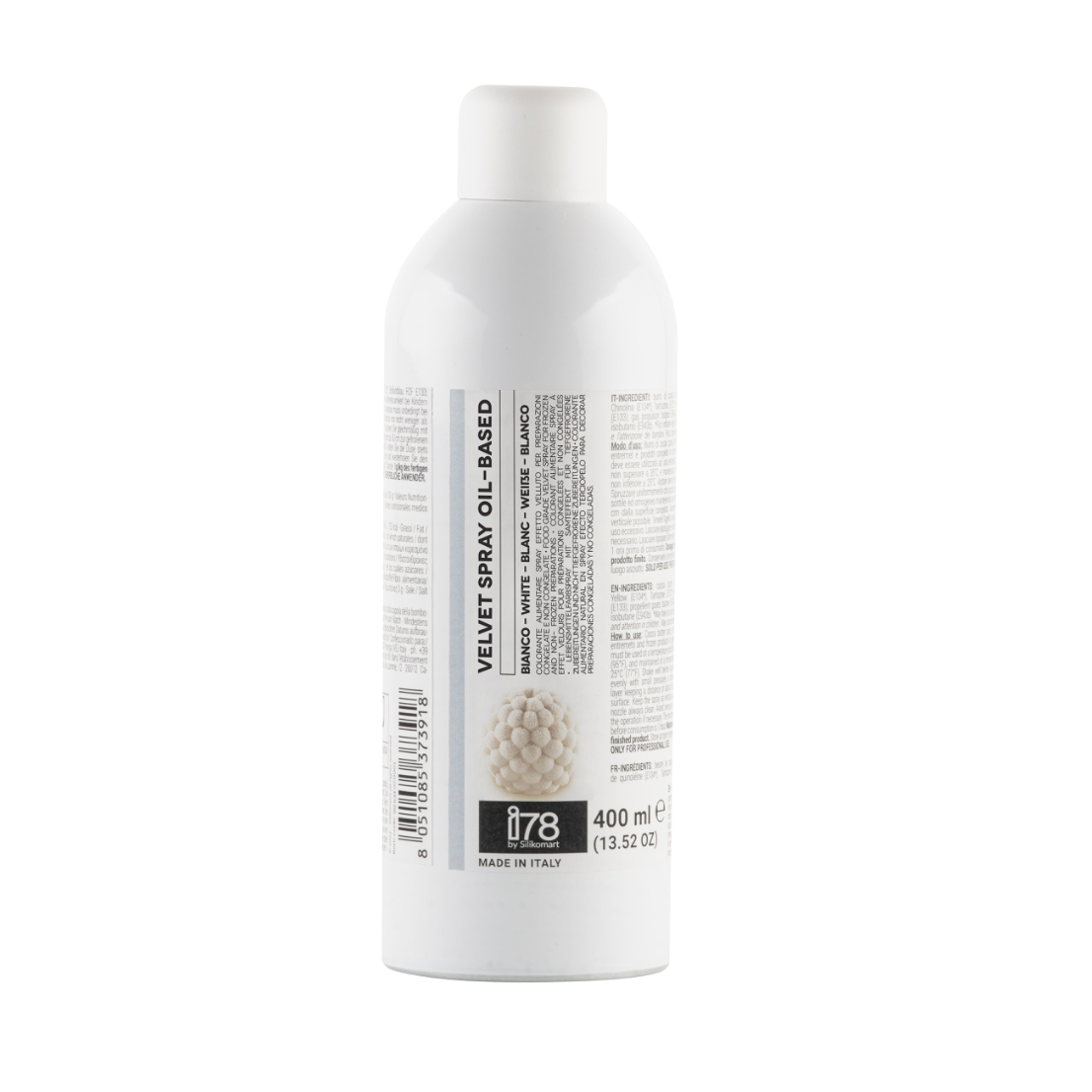 Spray effet velours blanc 400 ml à base d’huile sans beurre de cacao – I78 by Silikomart