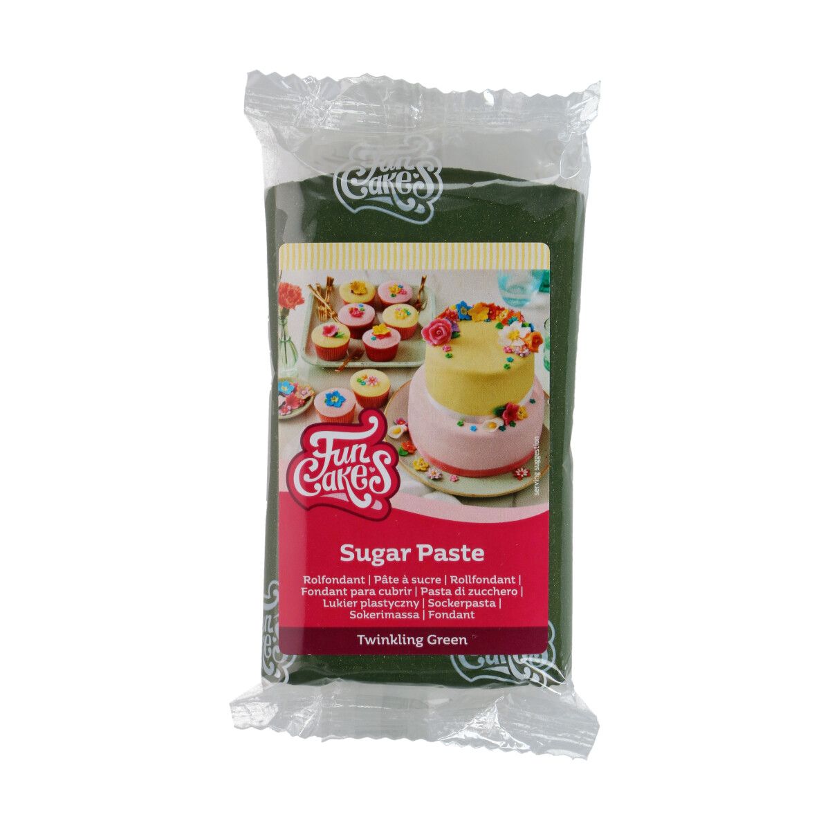 Pâte à sucre verte Twinkling Green 250 g FunCakes – pâte souple pailletée pour gâteau

