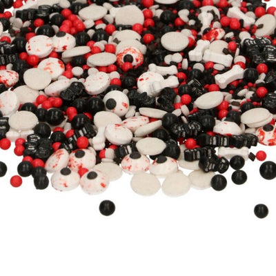 Gros plan du mix Halloween rouge et noir avec yeux, os et chauves-souris