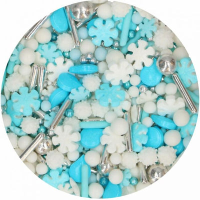 Gros plan mélange sprinkles Frosty Winters – flocons 3D, perles et bâtonnets argentés