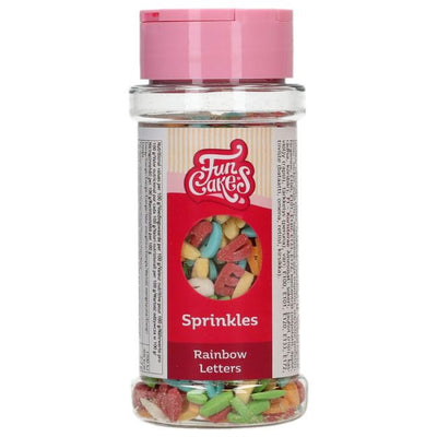 Flacon FunCakes Sprinkles Rainbow Letters – mélange de lettres comestibles multicolores 50 g.