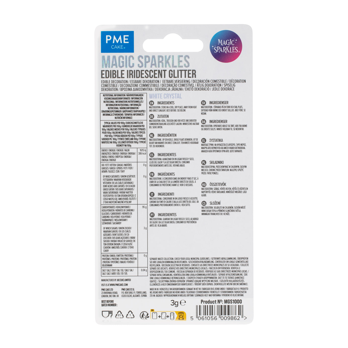 Emballage arrière des paillettes comestibles PME Magic Sparkles Cristal Blanc avec liste d'ingrédients.