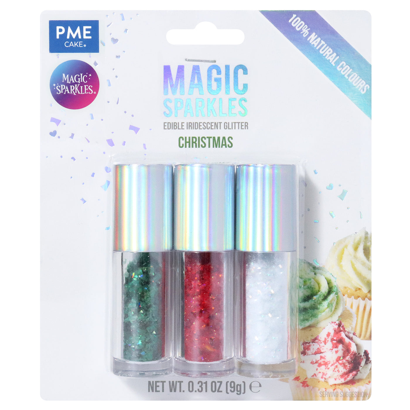 Eetbare glittervlokken - Kerstset (groen, rood, wit)