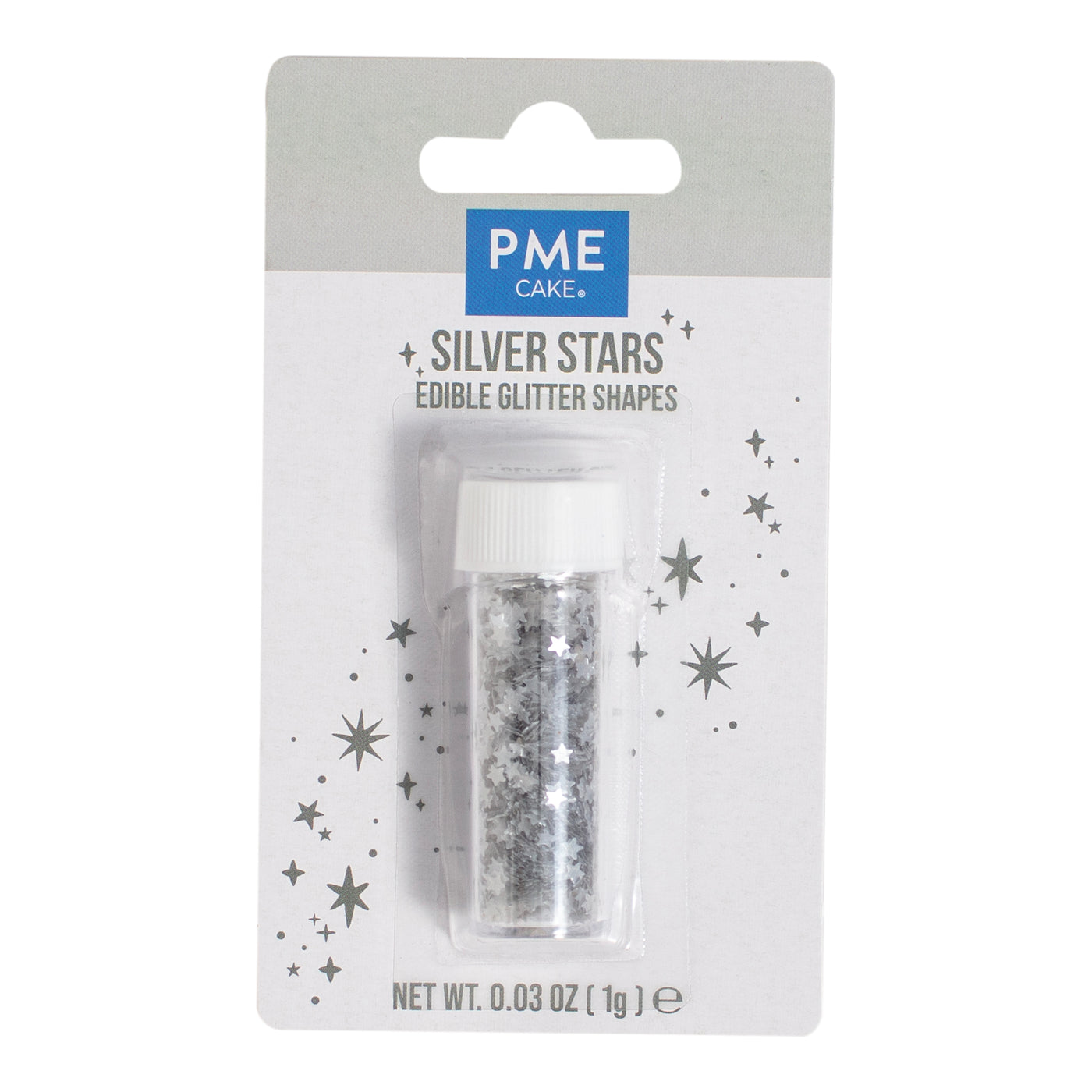 Paillettes comestibles PME en forme d’étoiles argentées pour la décoration de gâteaux, cupcakes et desserts – flacon 1 g