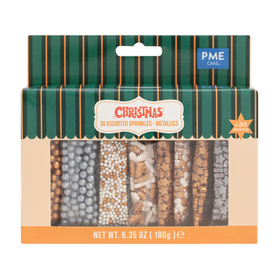 Coffret PME 30 Sprinkles Métalliques assortis – décorations comestibles or et argent pour cupcakes, biscuits et gâteaux de Noël