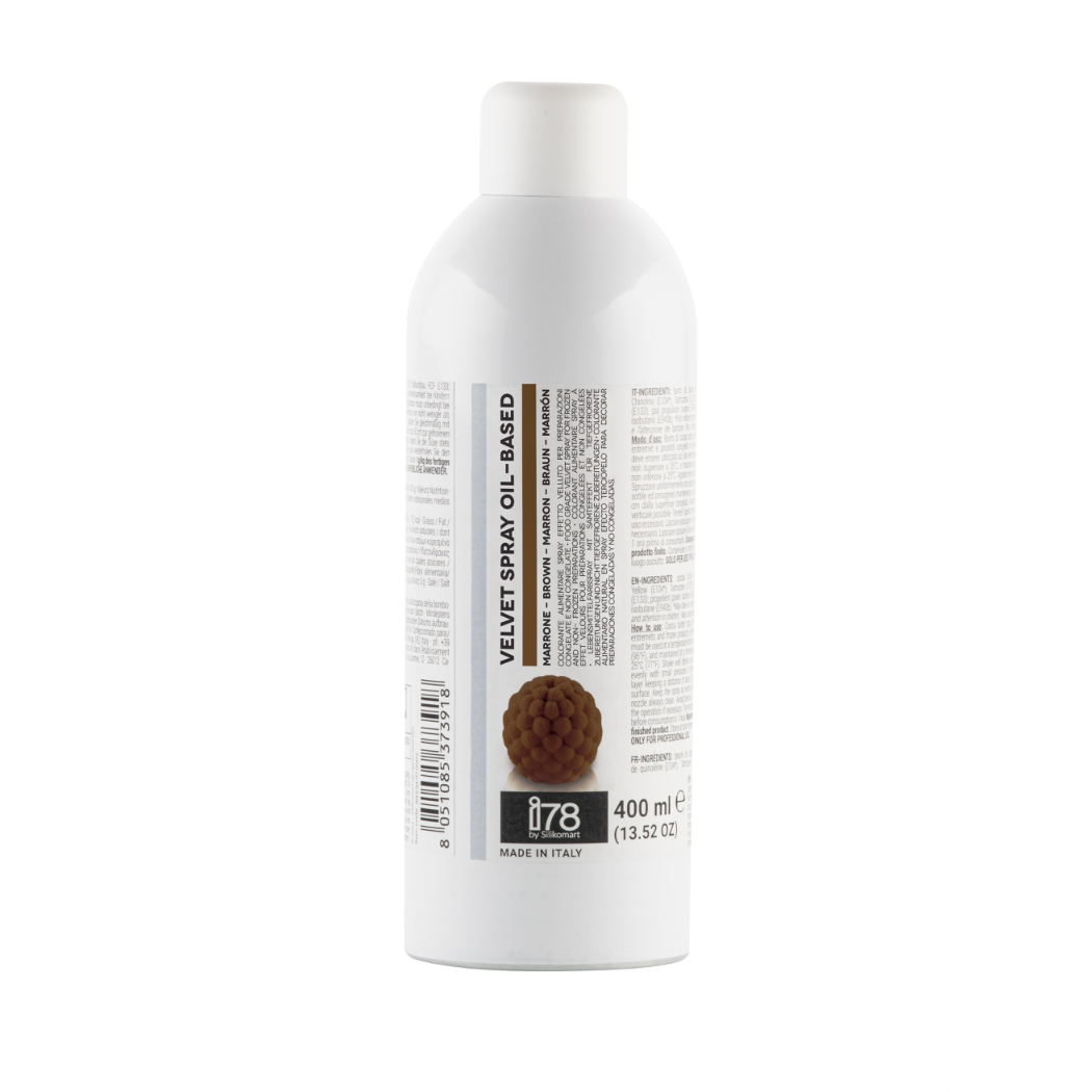 Spray effet velours marron 400 ml à base d’huile sans beurre de cacao – I78 by Silikomart