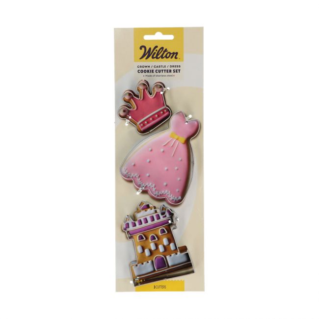 Blister Wilton avec les 3 emporte-pièces couronne, robe de princesse et château en acier inoxydable