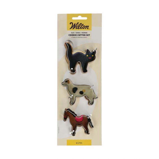 Blister Wilton contenant les 3 emporte-pièces chat, chien et cheval en acier inoxydable