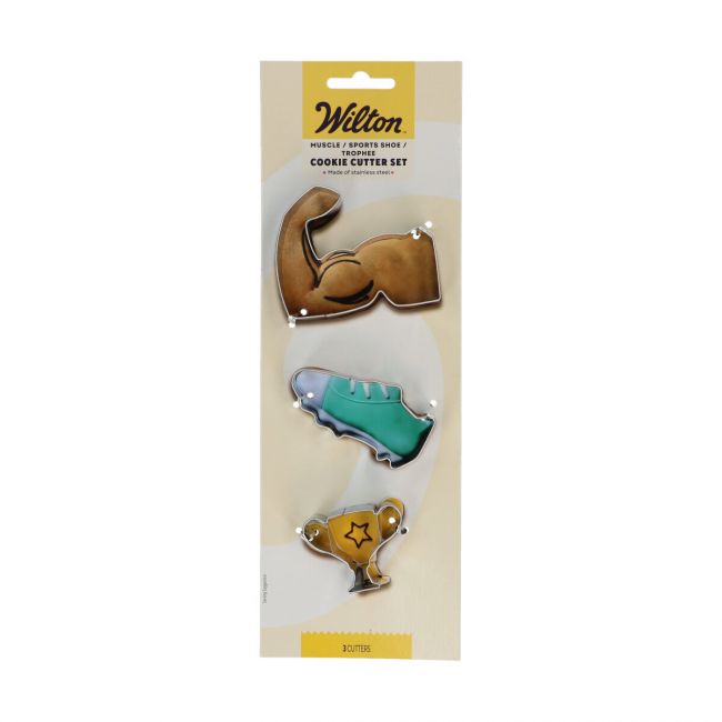 Blister Wilton contenant les 3 emporte-pièces muscle, chaussure de sport et trophée en acier inoxydable