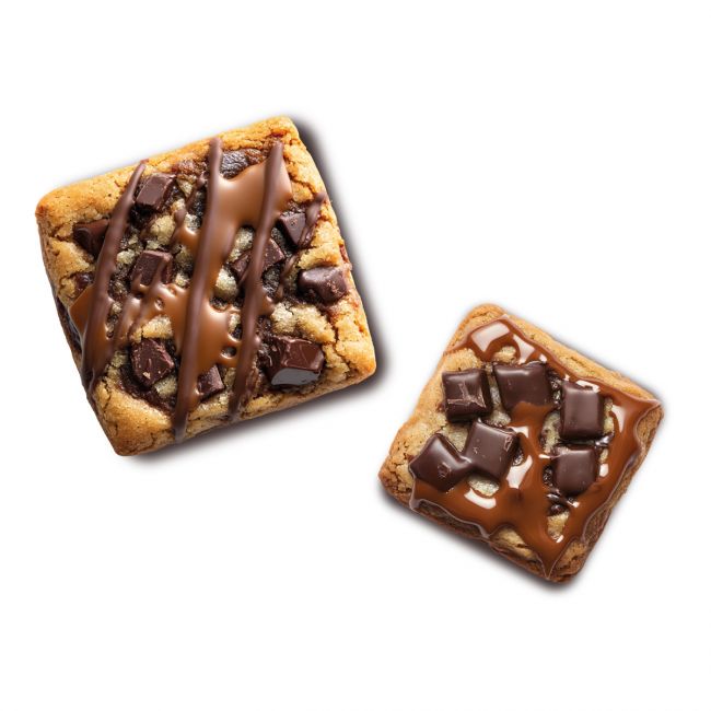 Deux biscuits carrés aux pépites et caramel réalisés avec les emporte-pièces carrés Wilton