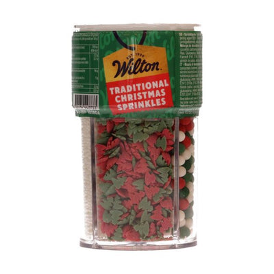Pot Wilton 4-en-1 de sprinkles – mix festif d’hiver rouge vert blanc (étoiles, perles, sapins)