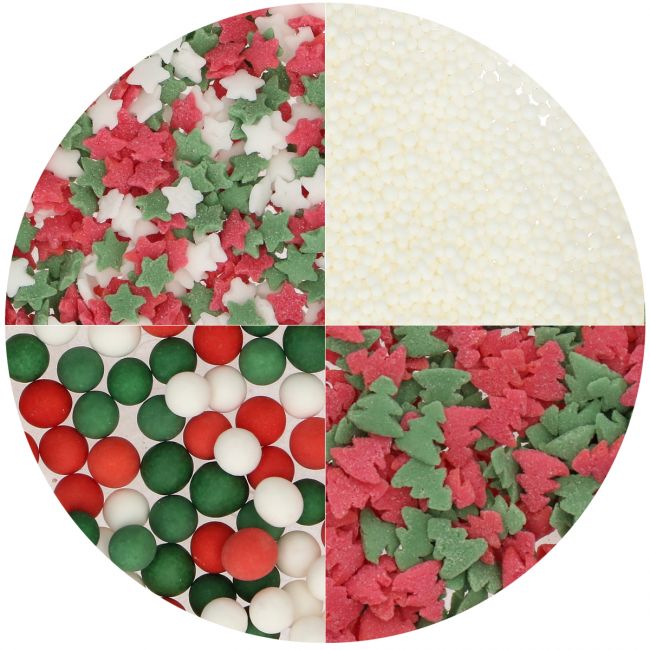 Gros plan des 4 compartiments de sprinkles Wilton – étoiles tricolores, nonpareilles blanches, perles tricolores, sapins stylisés