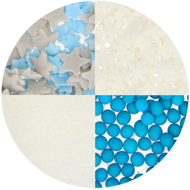 Gros plan des 4 compartiments de sprinkles Wilton – étoiles bleues/grises, mini étoiles blanches, sucre perlé blanc, perles bleues