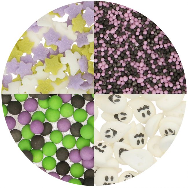 Gros plan des 4 décors : fantômes, nonpareilles noir/violet, étoiles+fantômes, perles noir-vert-violet