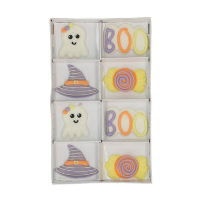 8 décorations en sucre Wilton prêtes à poser pour cupcakes, biscuits et gâteaux. Motifs mignons d’Halloween : fantôme, chapeau de sorcière, bonbon, “BOO!”.
