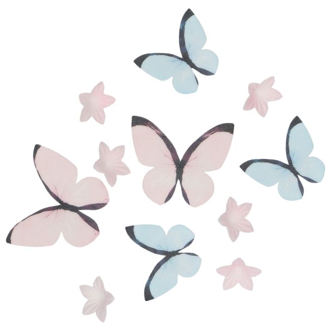 Set/30 Décorations en Papier Comestibles - Fleurs & Papillons Rose Pastel