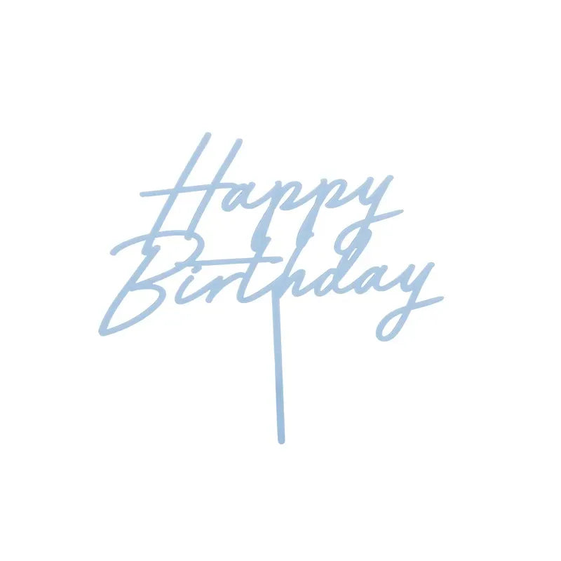 Topper acrylique Happy Birthday bleu brumeux posé sur emballage, vue de face