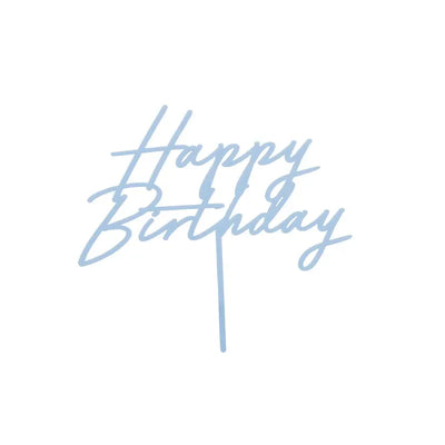 Topper acrylique Happy Birthday bleu brumeux posé sur emballage, vue de face