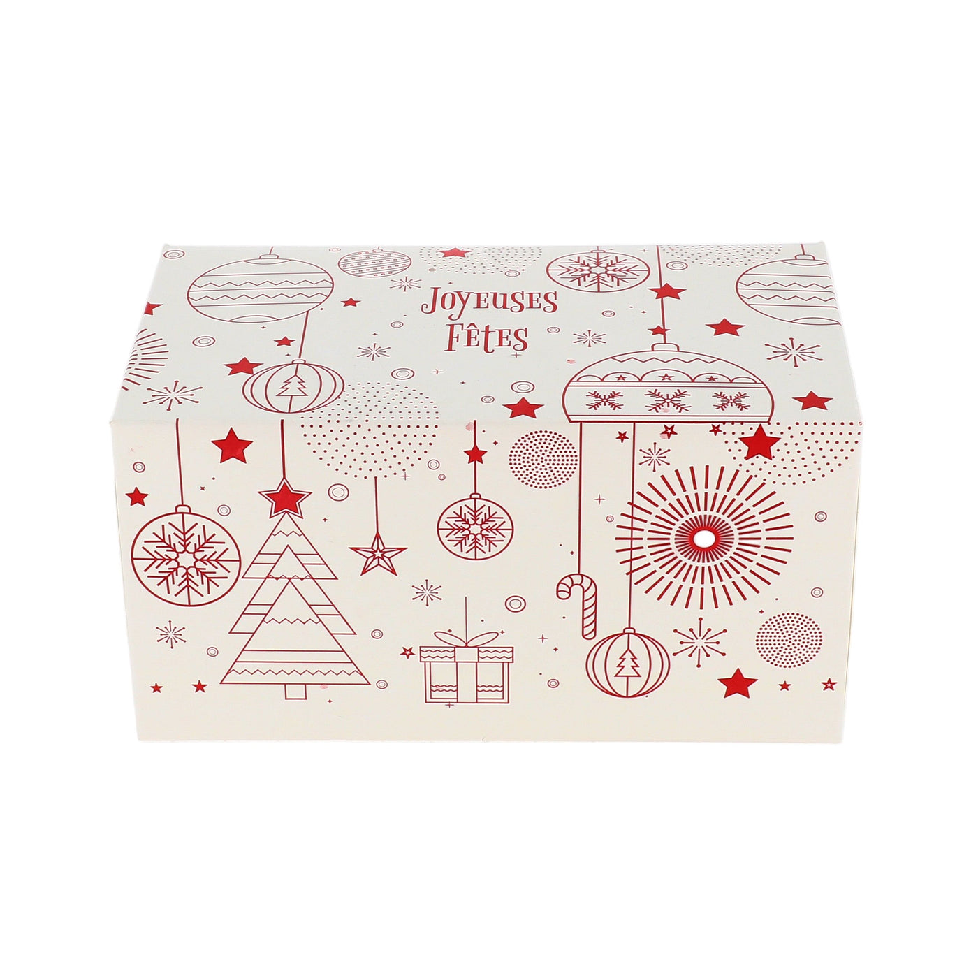Boîte à bûche Joyeuses Fêtes en carton rouge et blanc décor