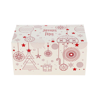 Boîte à bûche Joyeuses Fêtes en carton rouge et blanc décor