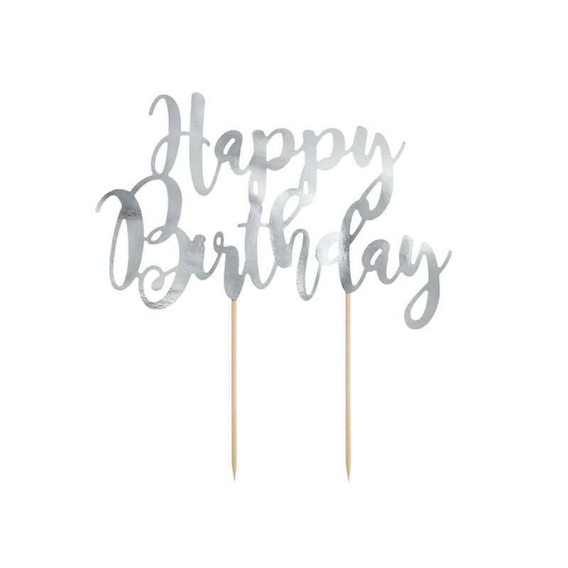 Cake Topper Happy Birthday Silver