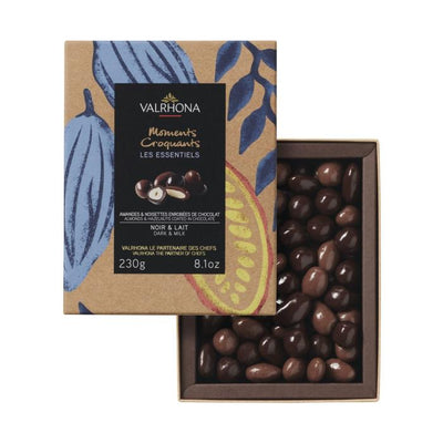 Coffret Valrhona Moments Croquants – Amandes et Noisettes enrobées de chocolat noir et lait – 230 g