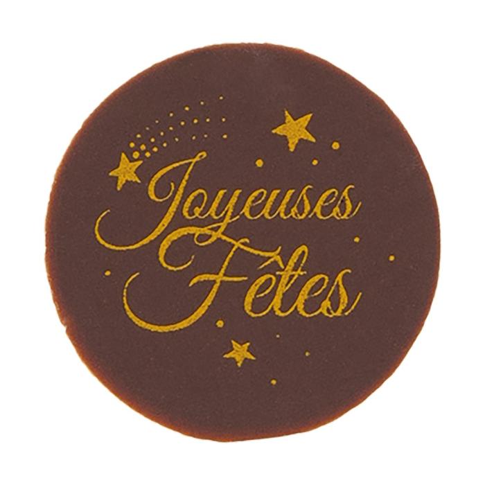Décor chocolat noir rond “Joyeuses Fêtes” – Ø30 mm – impression dorée sur chocolat Valrhona