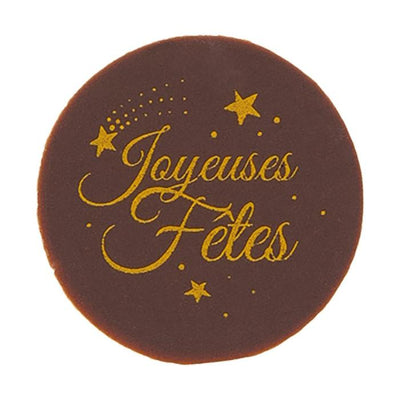 Décor chocolat noir rond “Joyeuses Fêtes” – Ø30 mm – impression dorée sur chocolat Valrhona