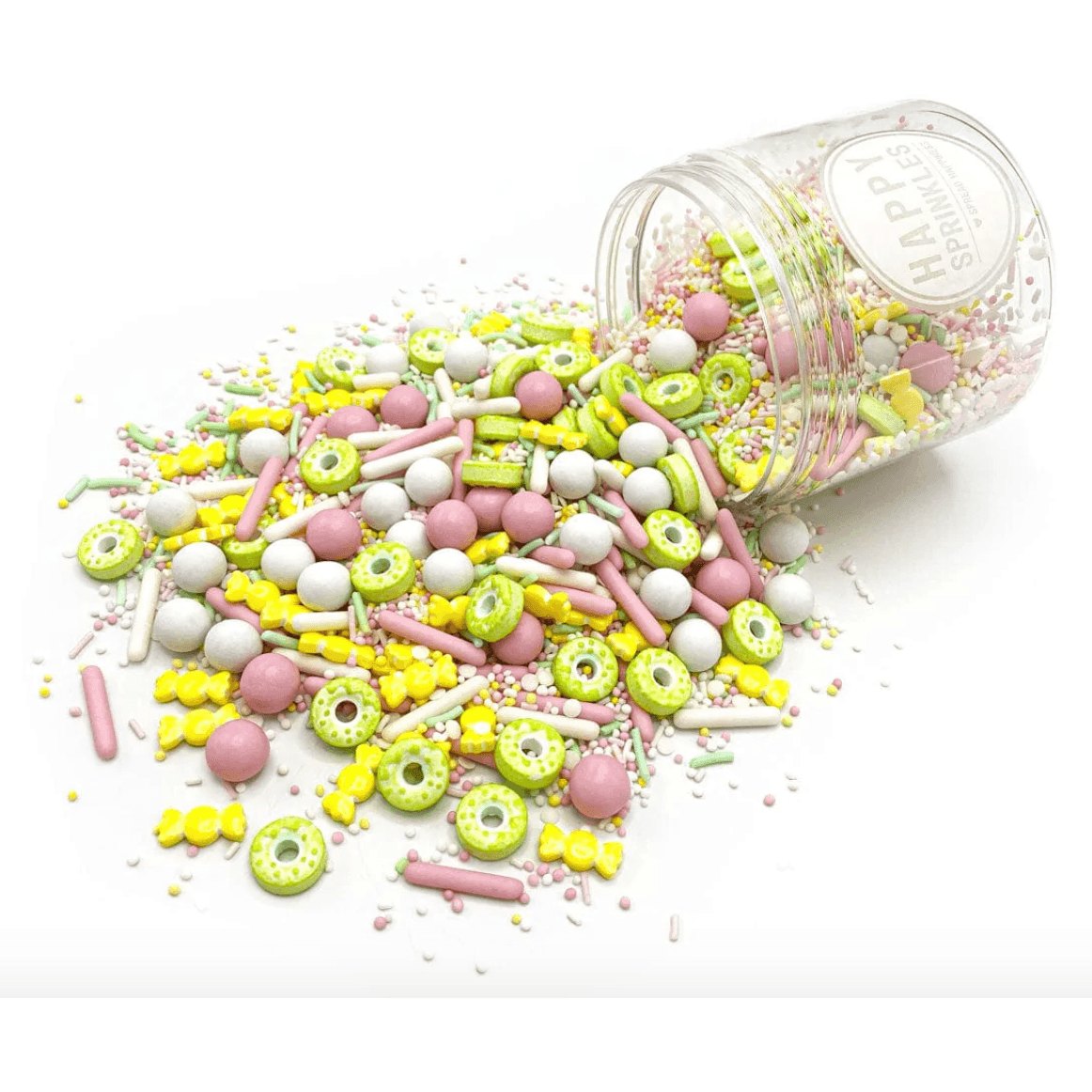 Happy Sprinkles Donut Worry 90 g – Décorations sucrées rose, blanc, jaune et mini donuts verts 