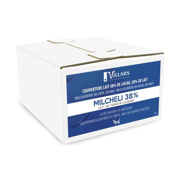Chocolat au lait Milcheli 38 % Villars – pistoles 5 kg avec lait du canton de Lucerne
