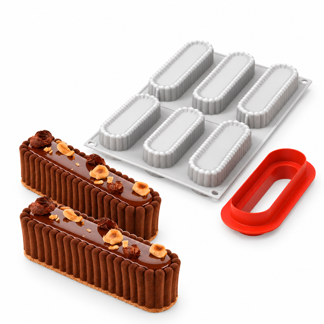 Moule 6 Desserts Individuels Écrin 125 + Découpoir – résultat pâtissier et moule Silikomart côte à côte sur fond blanc