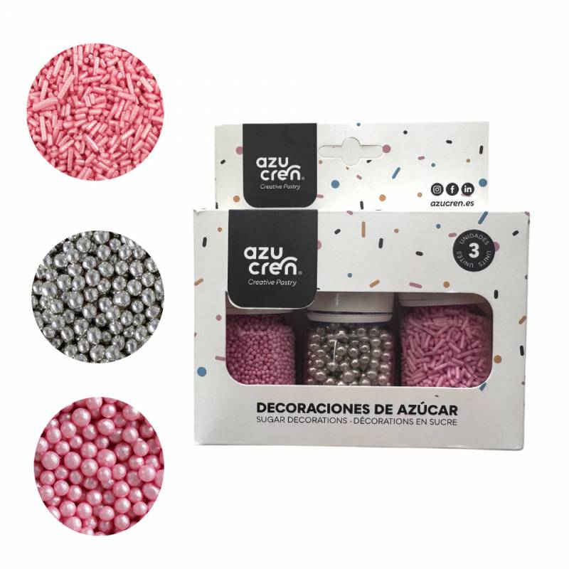 Set de décorations en sucre Azucŕen avec 3 flacons : vermicelles roses, perles argentées, nonpareilles roses