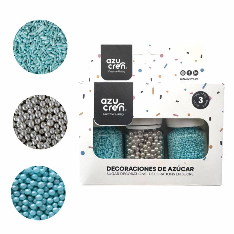 Coffret décoration sucre Azucŕen turquoise et argent : vermicelles, perles 4 mm, nonpareilles