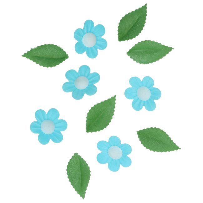 Set/11 Décorations en Papier Comestibles - Fleurs & Feuilles Bleues