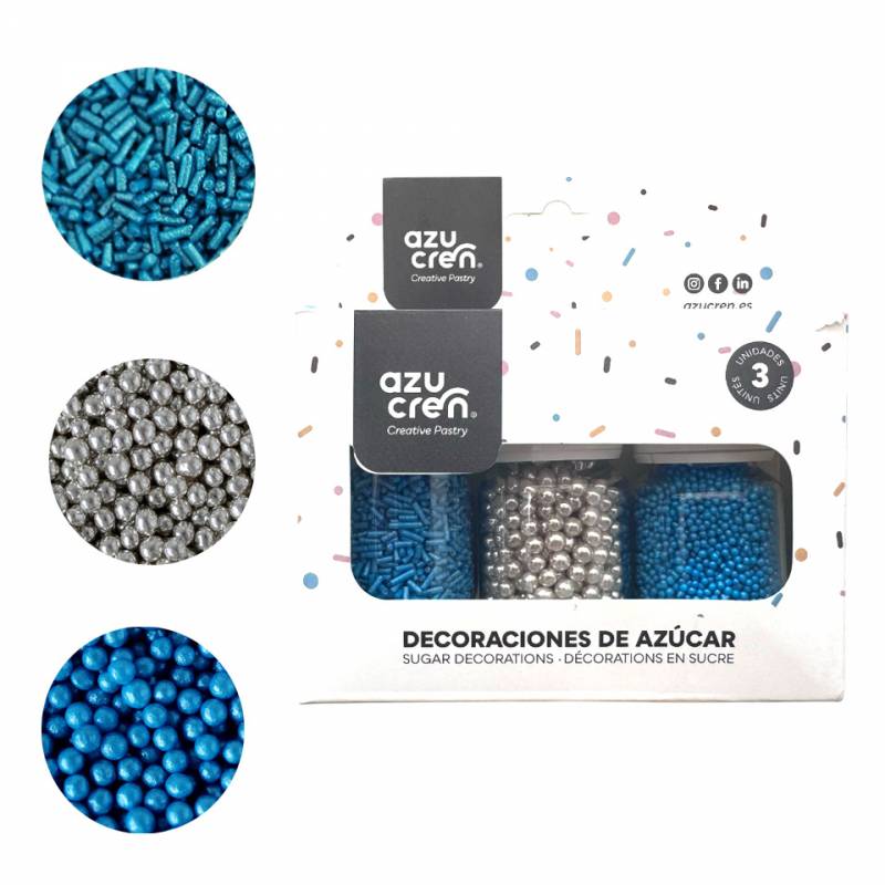 Set/3 Décorations en Sucre – Vermicelles, Perles & Mini Perles - Bleu/Argent