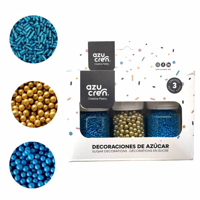 Set/3 Décorations en Sucre – Vermicelles, Perles & Mini Perles - Bleu/Or