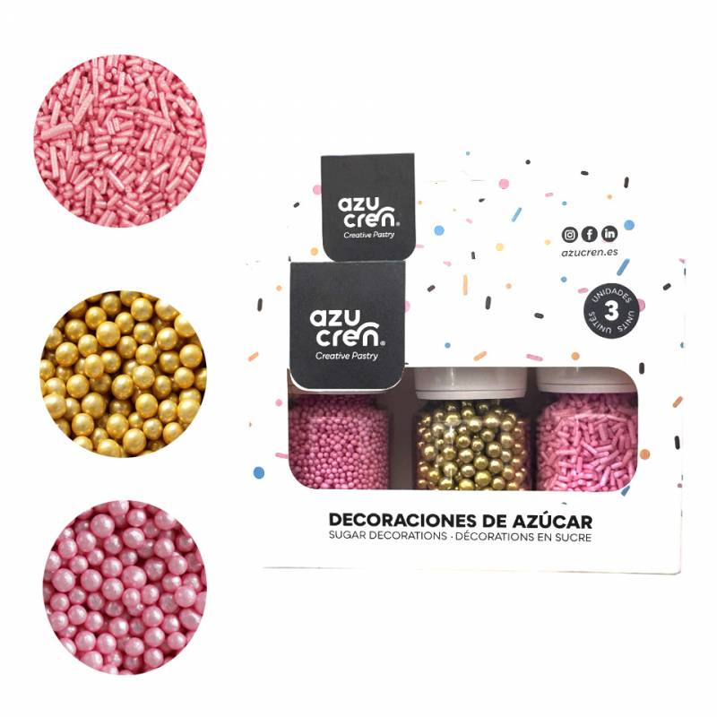 Set/3 Décorations en Sucre – Vermicelles, Perles & Mini Perles - Rose/Or