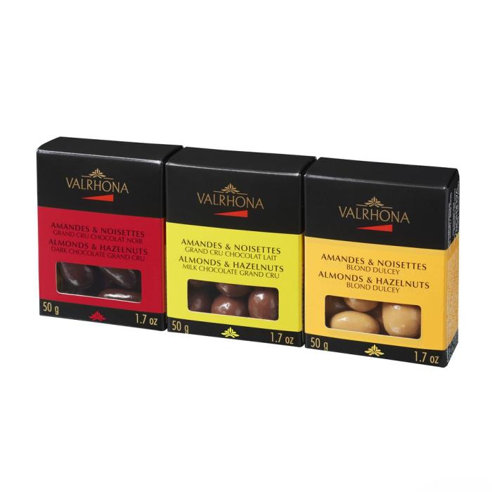 Coffret Valrhona Tripack Amandes & Noisettes – Chocolat Noir, Lait & Dulcey – 150 g