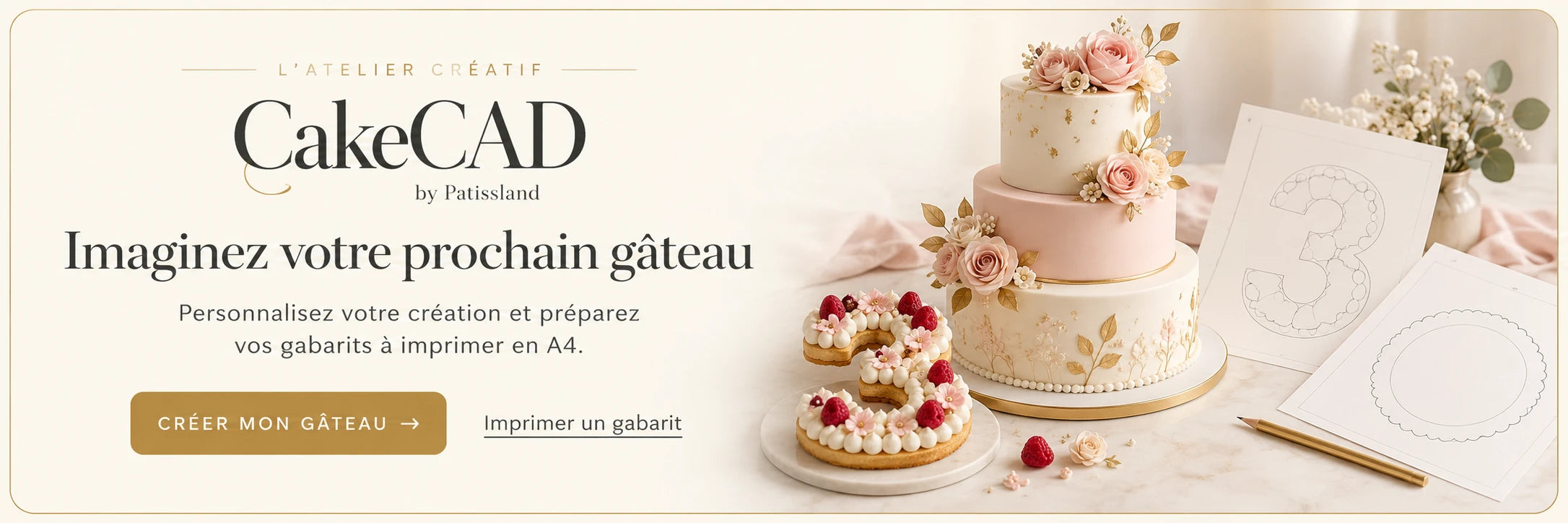 Gâteau à étages ivoire et rose, number cake et patrons de découpe
